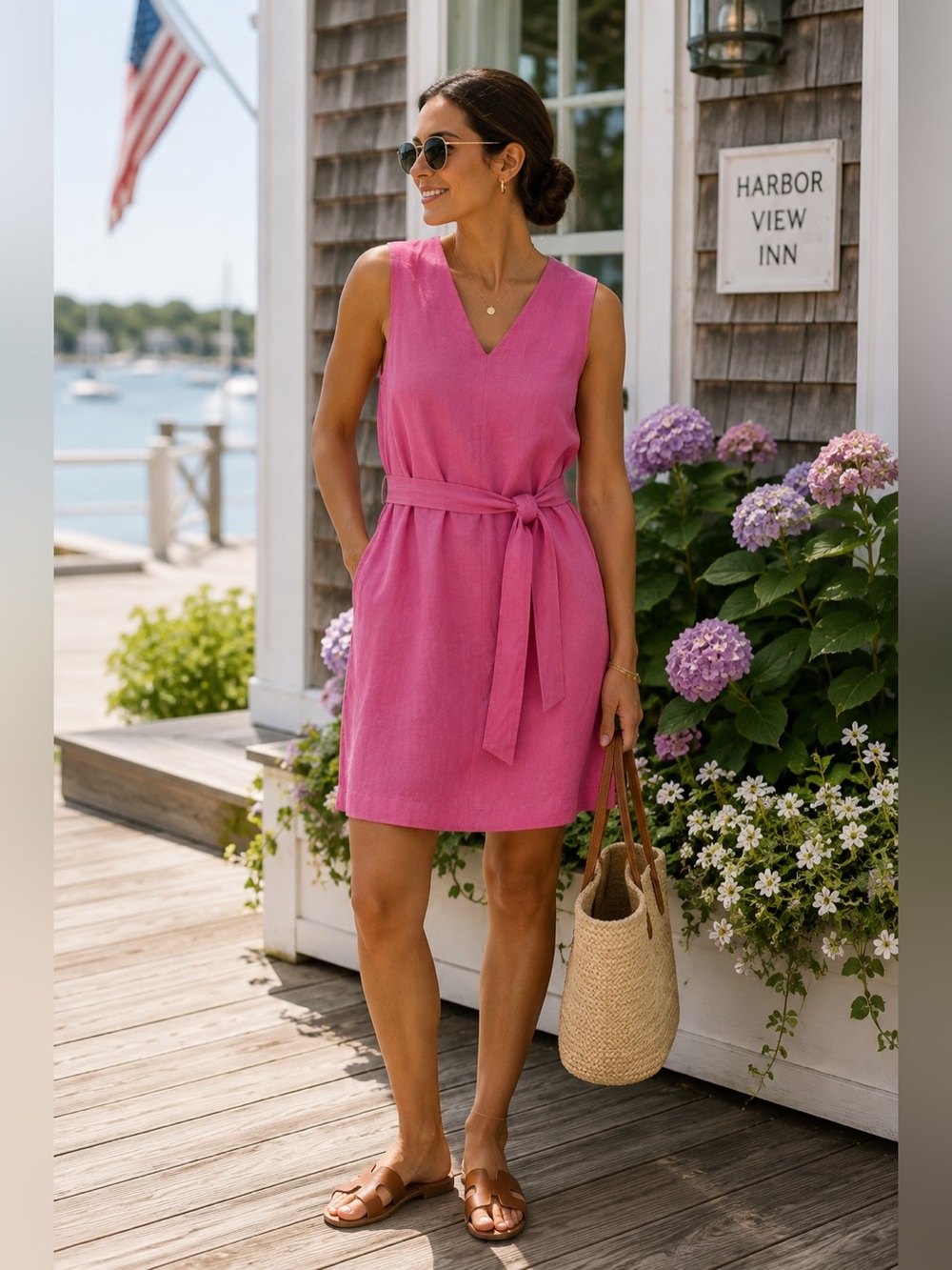 Faherty Mary French Rose 100% Linen Belted Shift Dress Size S